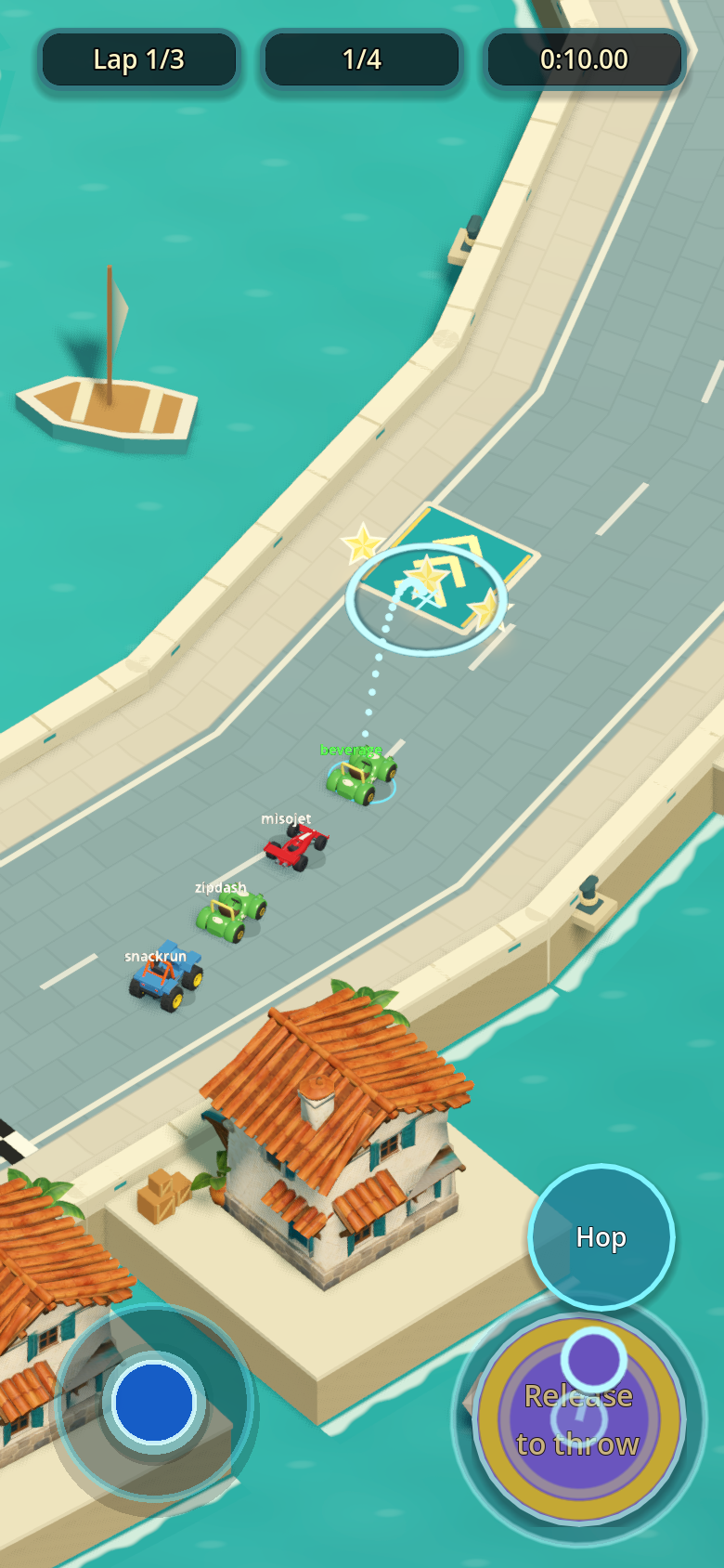 Early Pocket Karts gameplay with bot opponents: four karts racing along a seaside track, with an oil shot aimed at the pack.