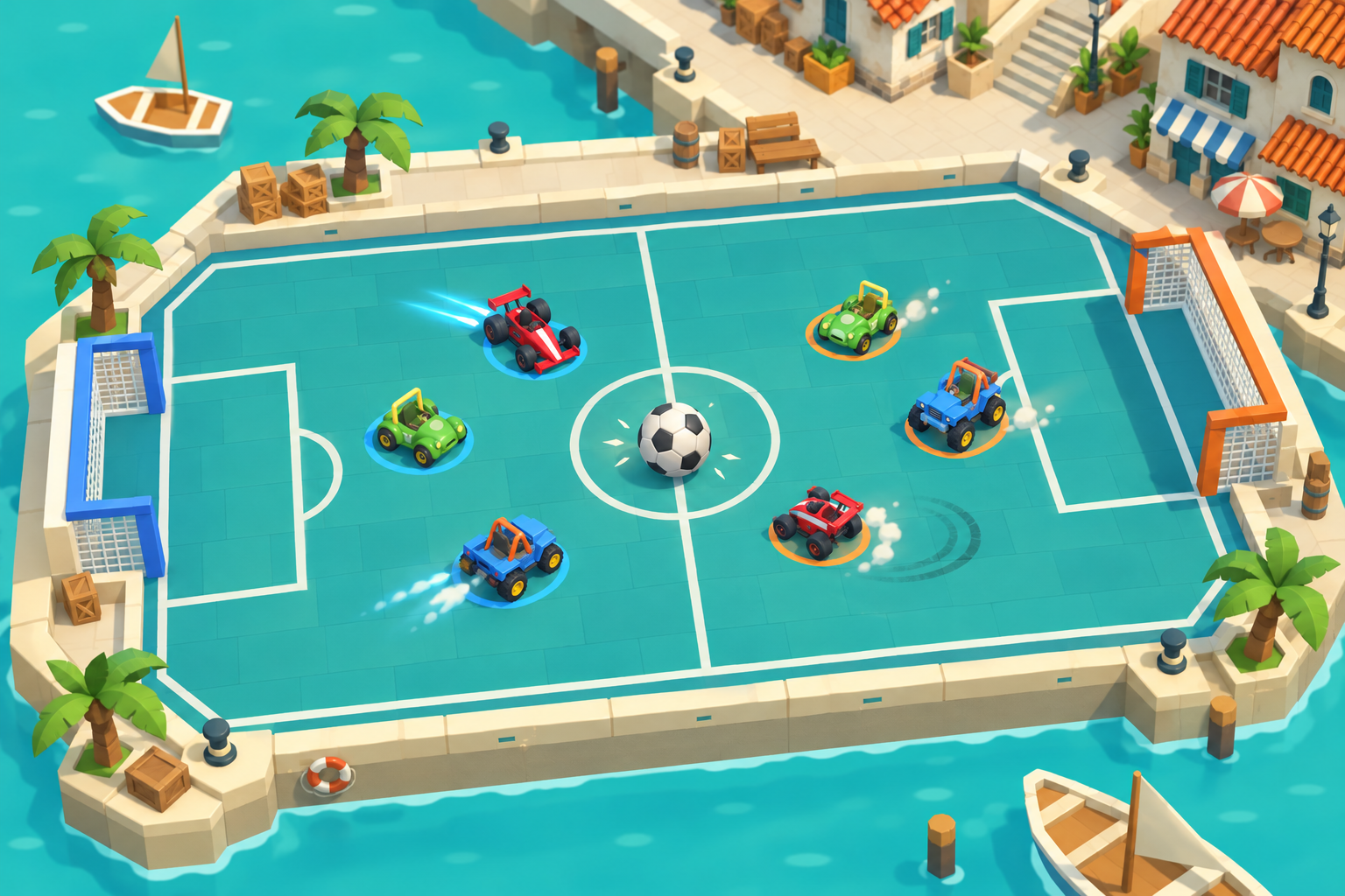 3v3 Kart Ball illustration, with six karts competing in a seaside soccer arena.