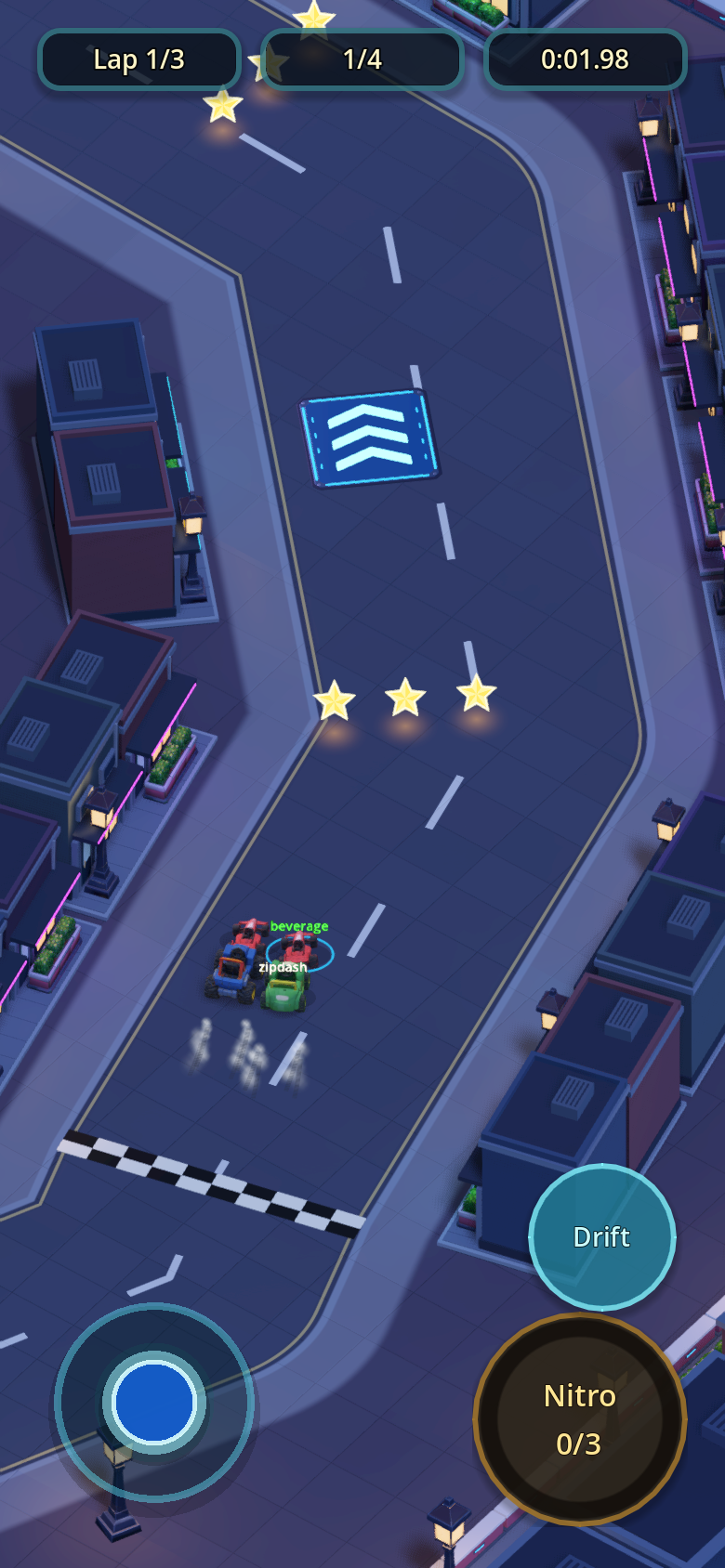 Early gameplay with bot opponents on the neon city circuit, with karts approaching a boost pad.